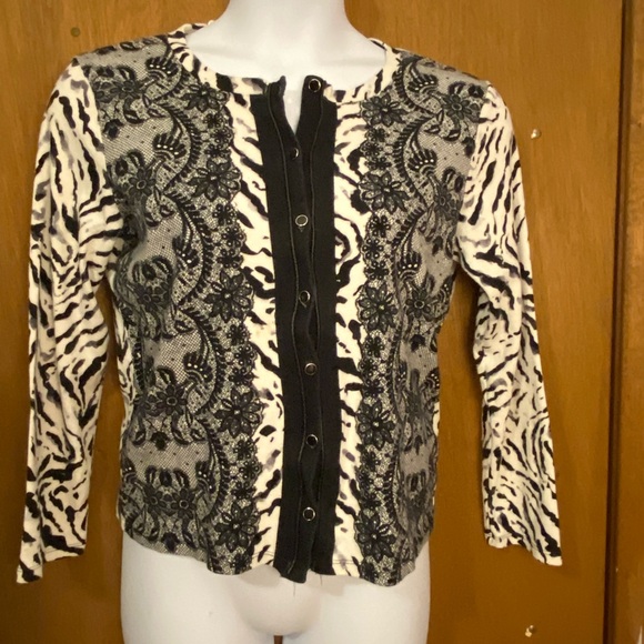 Rafaella Black and White Animal Patterned Lace Cardigan - Picture 1 of 2